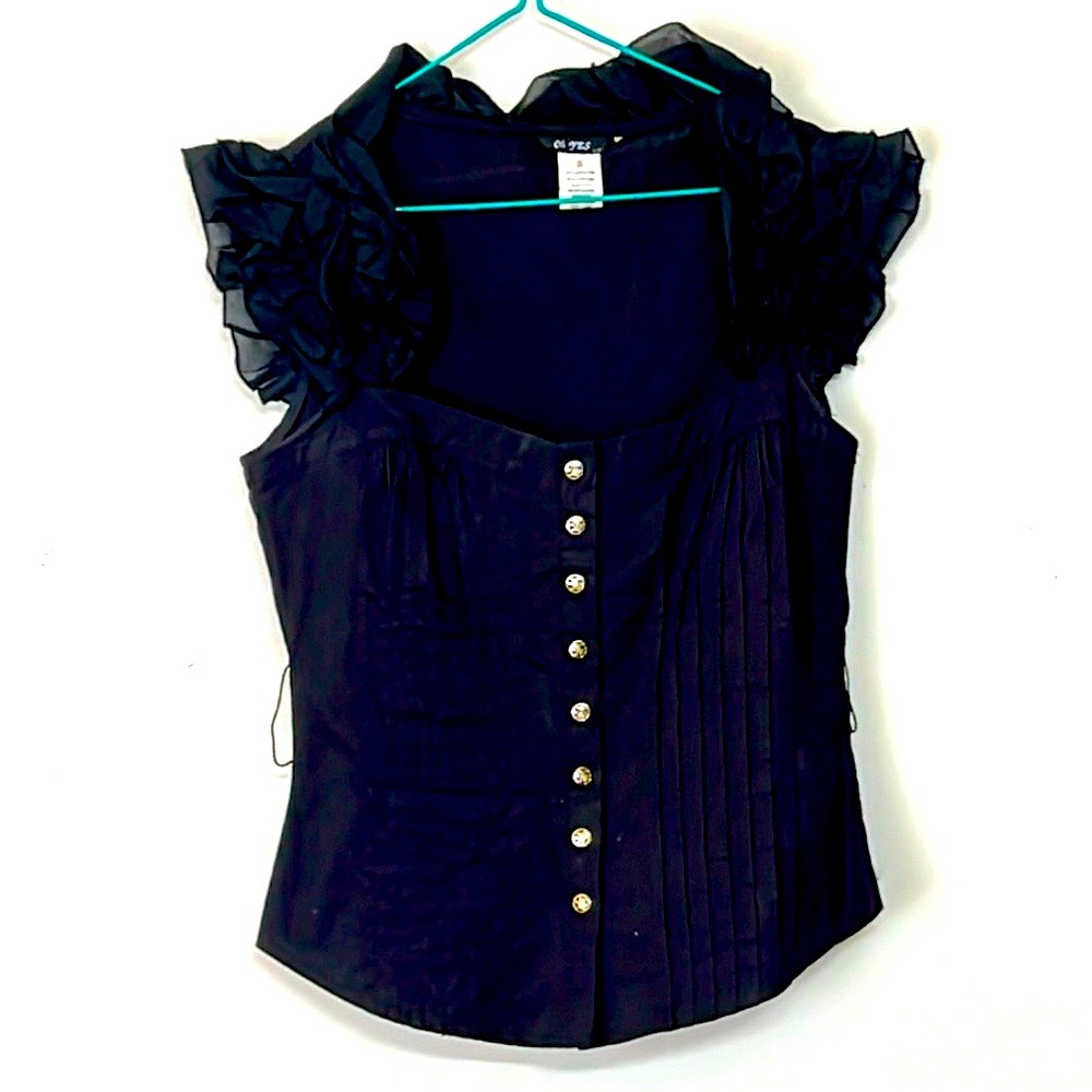 🌞 Oh Yes Elegant black pleated button blouse ruffled butterfly sleeve S
